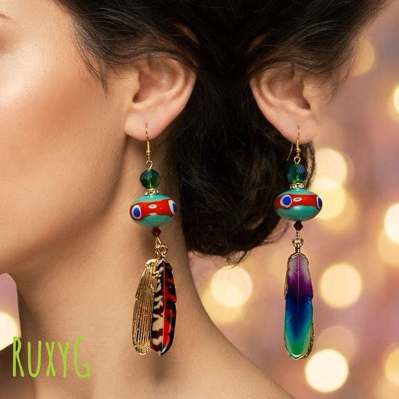 Made by Ruxy G Jewelry - Colorful Beaded Feather Earrings w/ 8mm Swarovski beads and Czech lamp glass
